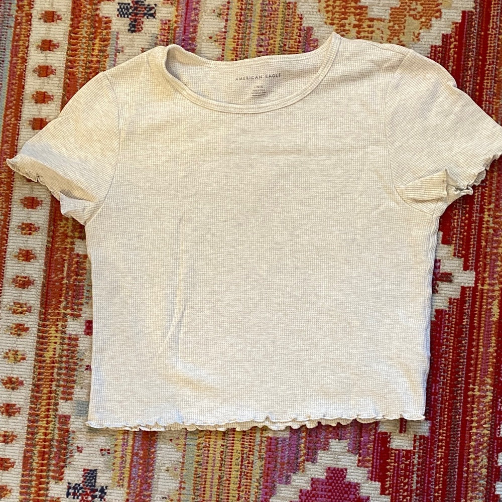 American Eagle Outfitters Cream Crop Short Sleeve Top With Ruffle Hem